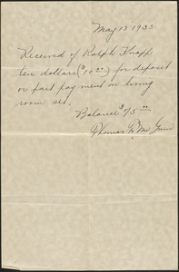 Receipt for $10 paid by Robert Knapp on May 13, 1933, for deposit or part payment on living room set