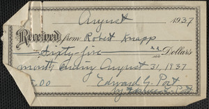 Receipt for $65 paid by Robert Knapp on August 31, 1937