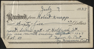 Receipt for $65 paid by Robert Knapp on July 7, 1937