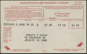 Invoice from Metropolitan Life Insurance Company for Robert F. Knapp, June 14, 1937
