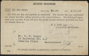 Second reminder from The Edison Electric Illuminating Company of Boston for Mr. R. F. Knapp, June 21, 1937