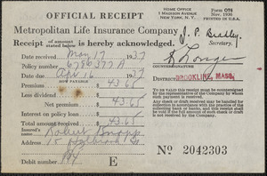 Receipt from Metropolitan Life Insurance Company for Robert Knapp, May 17, 1937