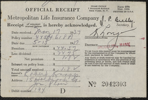 Receipt from Metropolitan Life Insurance Company for Robert Knapp, May 17, 1937