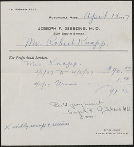 Receipt from Joseph F. Gibbons, M.D., for Mr. Robert Knapp, April 14, 1937