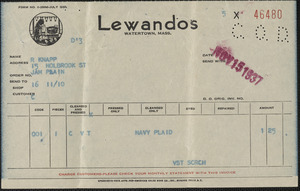 Invoice from Lewandos for R Knapp, Nov 15, 1937
