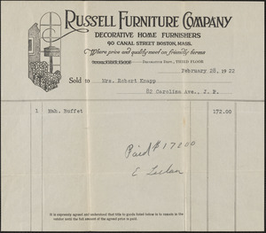 Receipt from Russell Furniture Company for Mrs. Robert Knapp, February 28, 1922