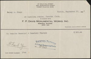 Receipt from F. P. Davis Monumental Works, Inc., for Daisy I. Knapp, September 20, 1927
