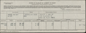 Notice to claimant of payment of policy, Metropolitan Life Insurance Company, to Robert F. Knapp