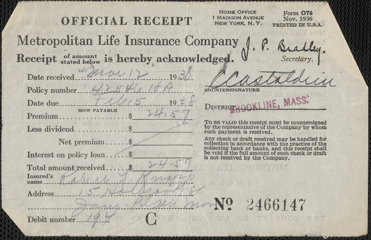 receipt-from-metropolitan-life-insurance-company-for-robert-f-knapp