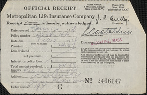 Receipt from Metropolitan Life Insurance Company for Robert F. Knapp, Feb 15, 1938