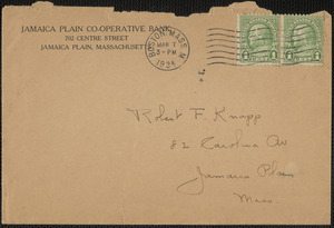 Envelope addressed to Mr. Robert F. Knapp, 82 Carolina Av, Jamaica Plain Mass, from Jamaica Plain Co-Operative Bank, 702 Centre Street, Jamaica Plain, Massachusetts