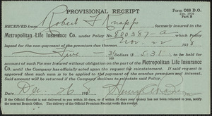 Receipt from Metropolitan Life Insurance Company for Robert F. Knapp, Nov. 22, 1928