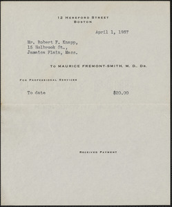 Receipt from Maurice Fremont-Smith, M.D., for Mr. Robert F. Knapp, April 1, 1937