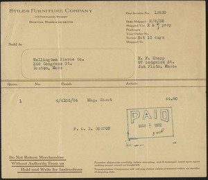 Receipt from Stiles Furniture Company for R. F. Knapp, Mar 1, 1932