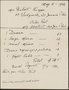 Receipt from Anton Reid for Mrs. Robert Knapp, May 6, 1932