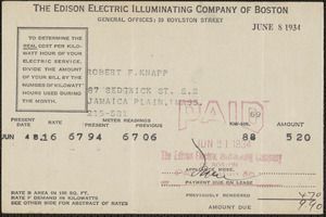 Invoice rom The Edison Electric Illuminating Company of Boston for Robert F. Knapp, June 8, 1934