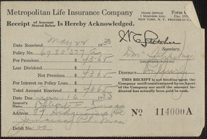 Receipt from Metropolitan Life Insurance Company for Robert F. Knapp, May 22, 1933