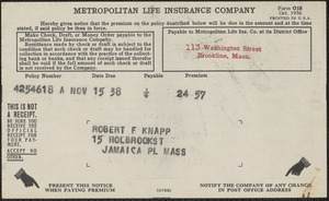 Invoice from Metropolitan Life Insurance Company for Robert F. Knapp, Nov 1938