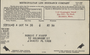 Invoice from Metropolitan Life Insurance Company for Robert F. Knapp, Dec 1938