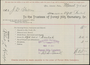 Receipt from Forest Hills Cemetery for J. D. Fallon, March 7th, 1911