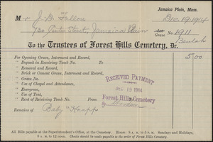 Receipt from Forest Hills Cemetery for J. D. Fallon, Dec. 19, 1914