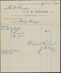 Receipt from J.D. Fallon, Dr., undertaker, for Mr. R. F. Knapp, April 25th, 1921