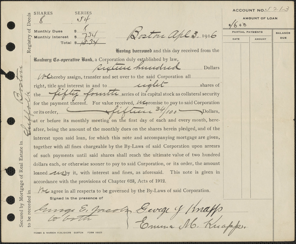 Loan document from Roxbury Co-operative Bank for George J. Knapp and Emma M. Knapp, April 3, 1916