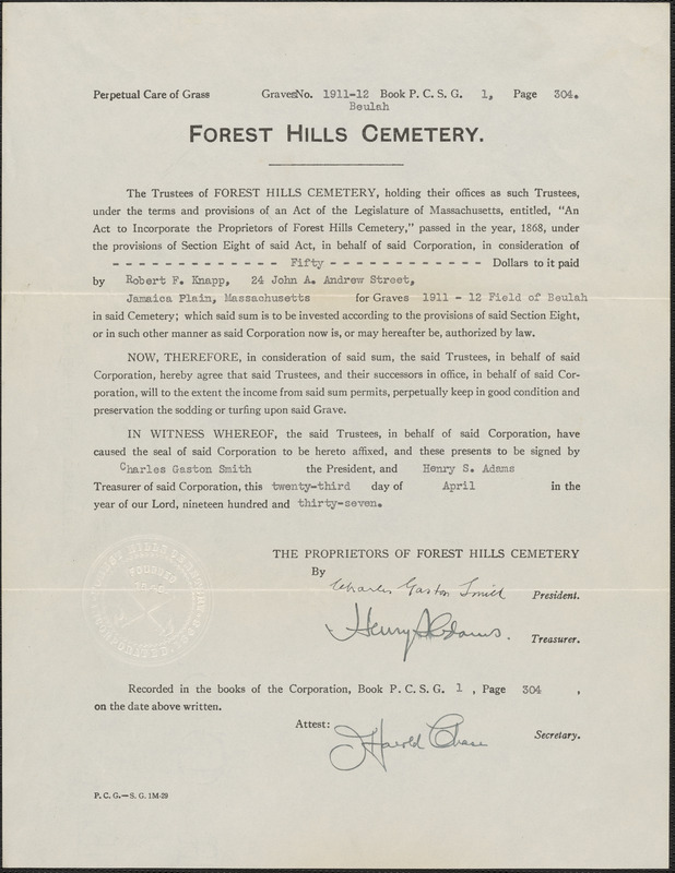 Agreement for perpetual care of grass by Forest Hills Cemetery for graves 1911-12 Beulah