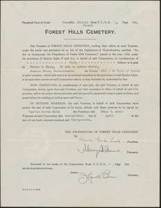 Agreement for perpetual care of grass by Forest Hills Cemetery for graves 1911-12 Beulah