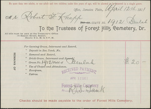 Receipt from Receipt from Forest Hills Cemetery for Robert F. Knapp, April 12, 1911
