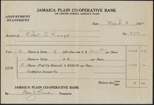 Adjustment statement from Jamaica Plain Co-Operative Bank for Robert F. Knapp, March 5, 1934