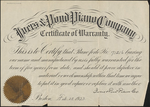 Certificate of warranty from Ivers & Pond Piano Company