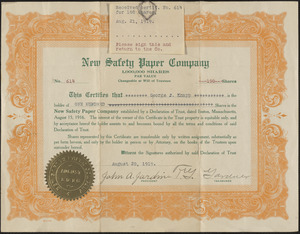 Share certificate from New Safety Paper Company for George J. Knapp