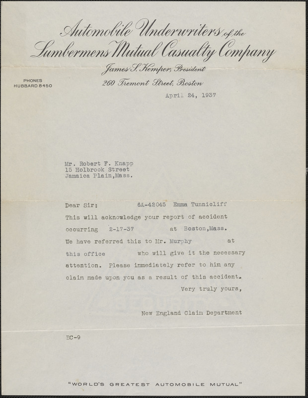 Letter from automobile underwriters of the Lumbermens Mutual Casualty Company to Robert F. Knapp, April 24, 1937