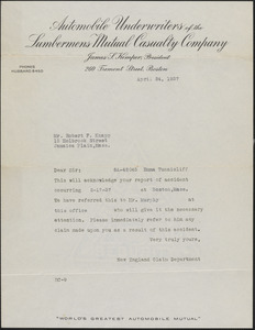 Letter from automobile underwriters of the Lumbermens Mutual Casualty Company to Robert F. Knapp, April 24, 1937