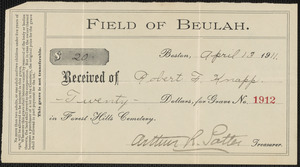 Receipt from Forest Hills Cemetery for Robert F. Knapp, April 13, 1911