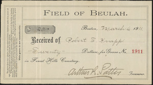 Receipt from Forest Hills Cemetery for Robert F. Knapp, March 6, 1911