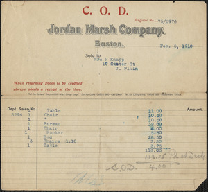 Receipt from Jordan Marsh Company for Mrs. R. Knapp, Feb. 8, 1910