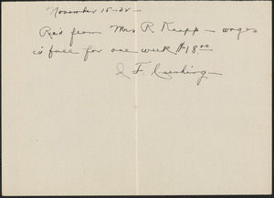 Receipt from J. F. Cushing for Mrs. R. Knapp, November 15, 32