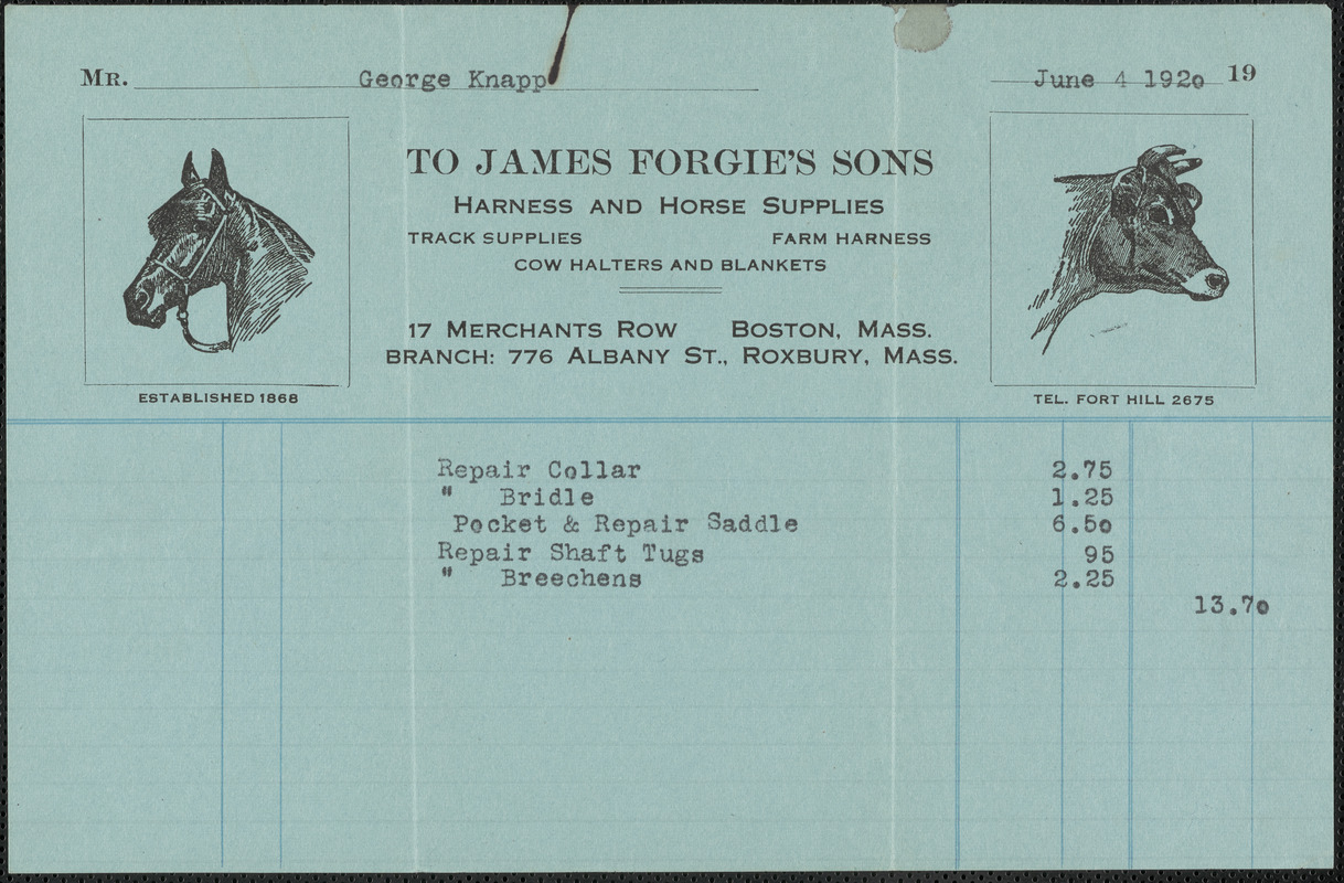 Invoice from James Forgie's Sons for George Knapp, June 4, 1920