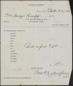 Monthly statement from O. W. Billingham, D. M. D., for Mr. George Knapp, Oct 23, 1935