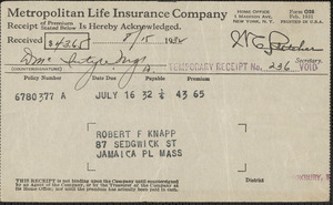 Receipt from Metropolitan Life Insurance Company for Robert F. Knapp, August 15, 1932