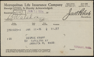 Receipt from Metropolitan Life Insurance Company for George Knapp, Jan. 19, 1926