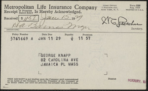Receipt from Metropolitan Life Insurance Company for George Knapp, Jan. 15, 1929