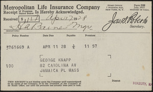 Receipt from Metropolitan Life Insurance Company for George Knapp, Apr 17, 1928
