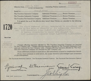 Policy amendment from The Travelers Insurance Company for George Knapp, June 8, 1937