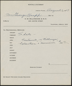 Monthly statement from O. W. Billingham, D. M. D., for Mr. George Knapp, August 2, 1937