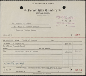 Receipt from Forest Hills Cemetery for Robert F. Knapp, 4-23-37