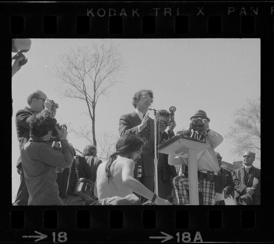 Senator Vance Hartke of Indiana speaking at an anti-Vietnam War rally on the Boston Common