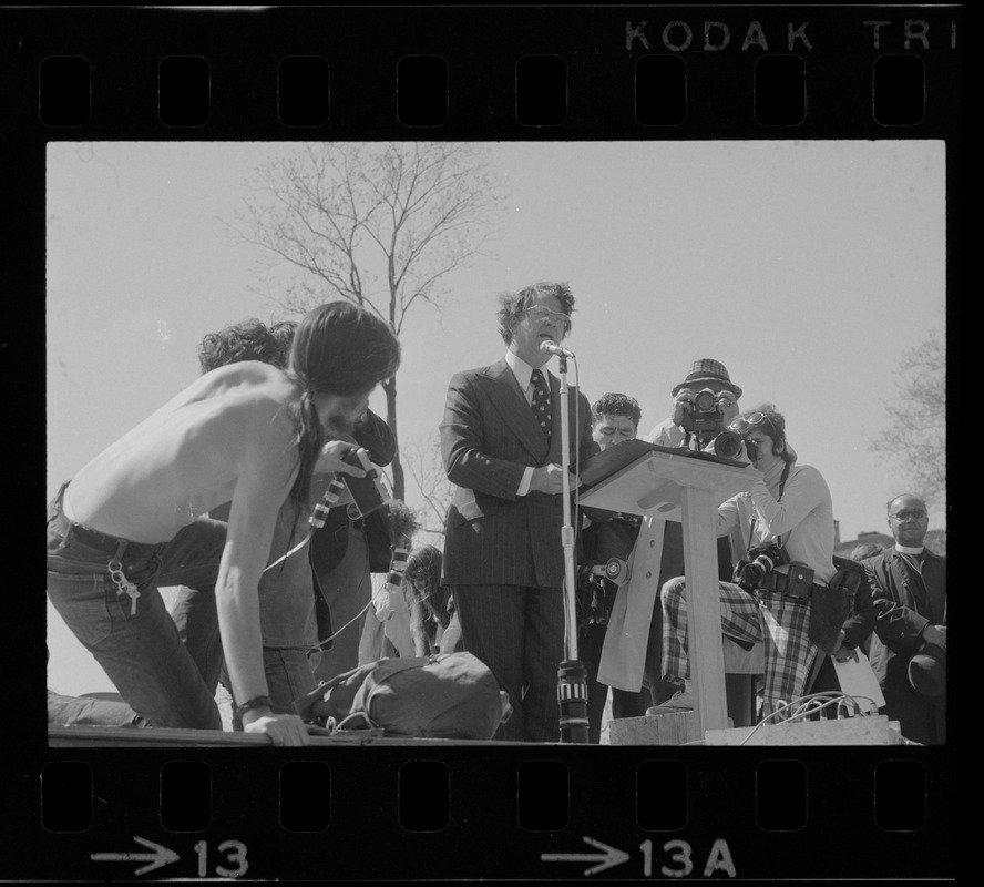 Senator Vance Hartke of Indiana speaking at an anti-Vietnam War rally on the Boston Common